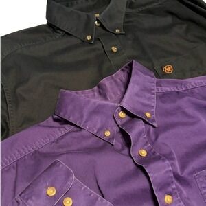ARIAT Men's Long Sleeve Shirt L 100% Cotton Black & Orange Purple Faded Lot of 2